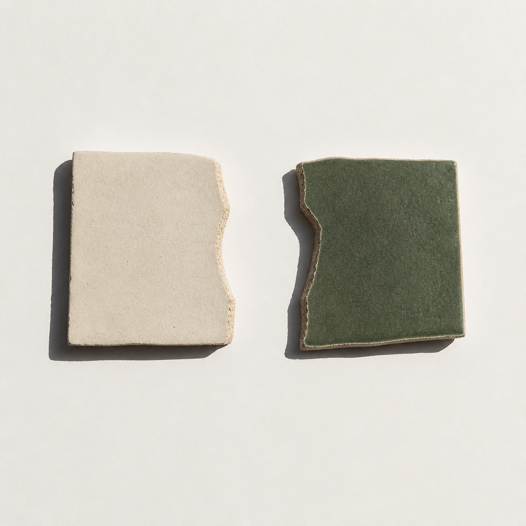 Two matching halves of a broken ceramic tile lying apart, one faintly glazed green